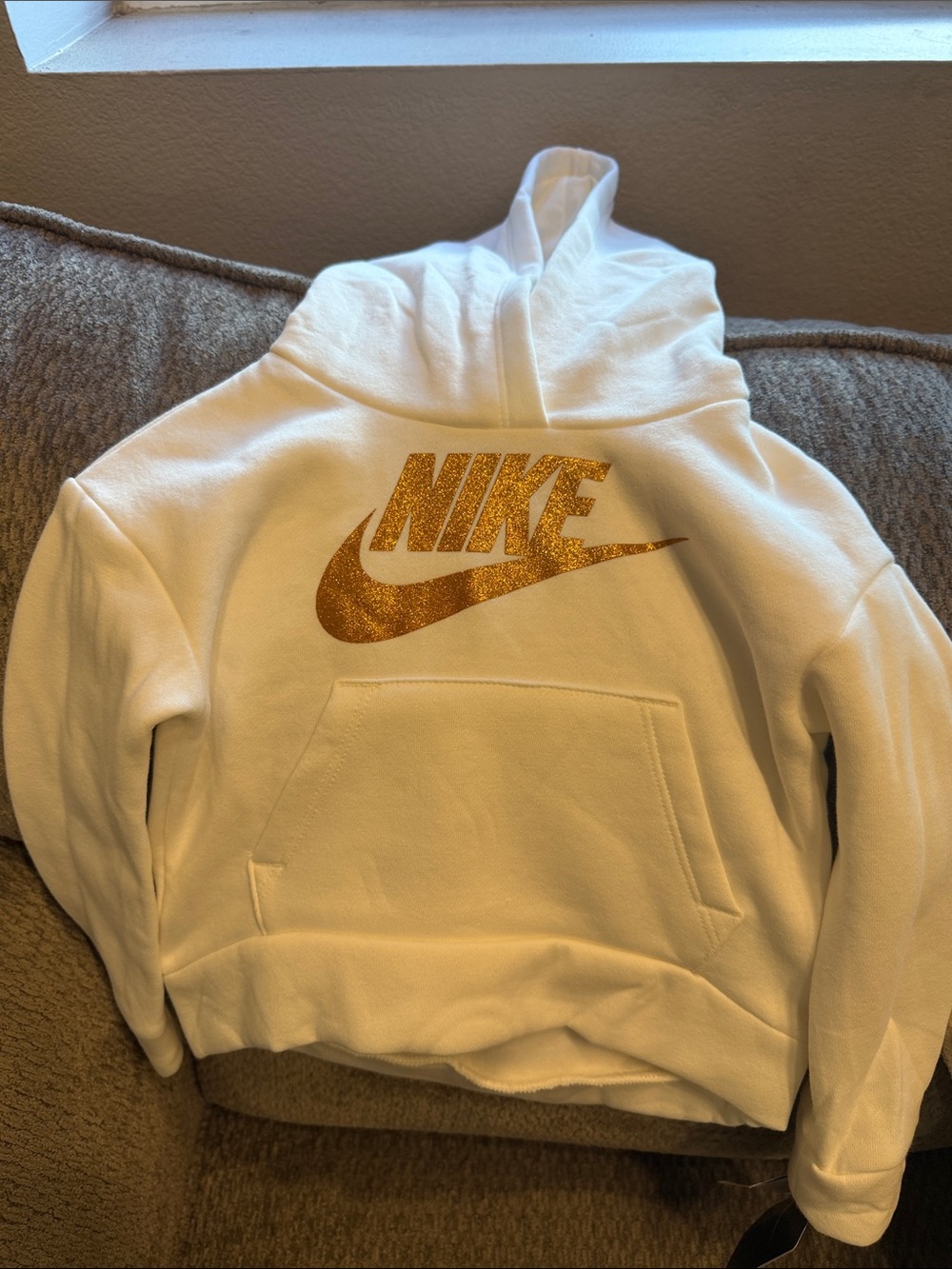 Nike Kids White Hoodie with Gold Glitter Logo